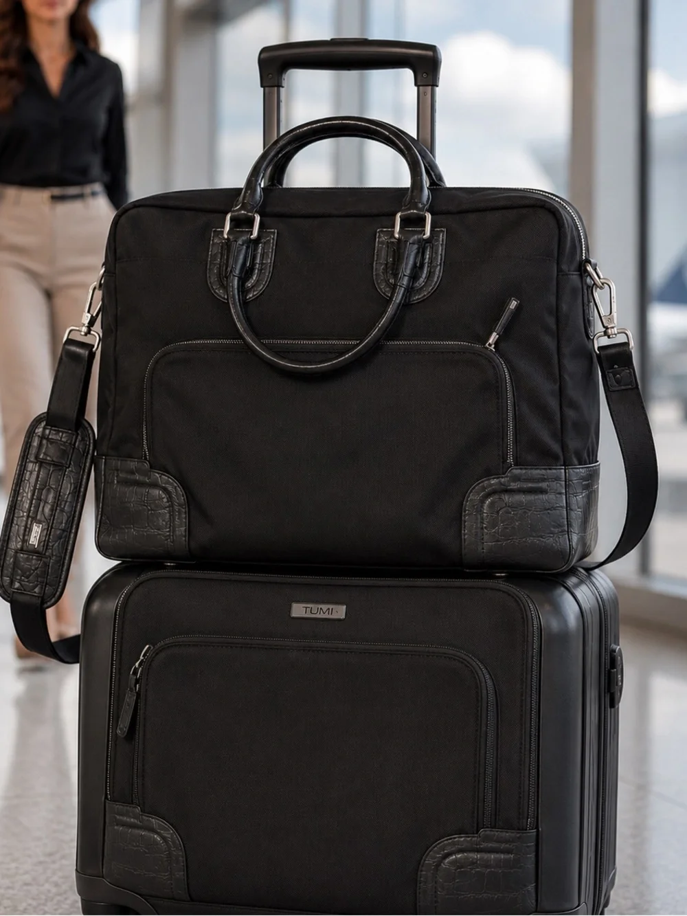 Tumi Travel Black Briefcase with Leather Finish and Metal Accents